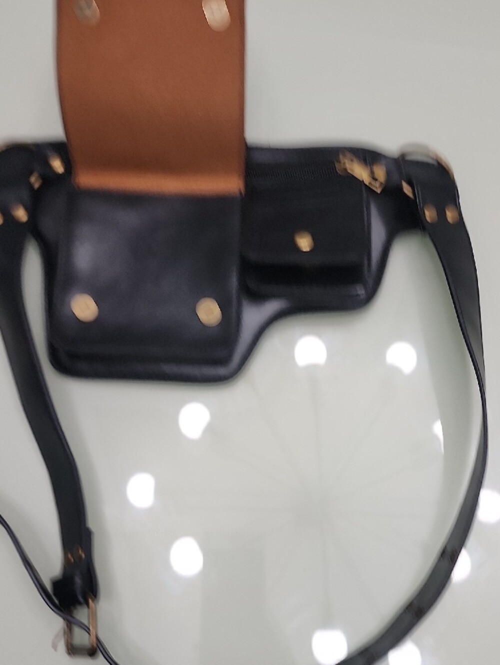 Black Leather Studded Belt Bag with Gold Accents - Picture 7 of 7